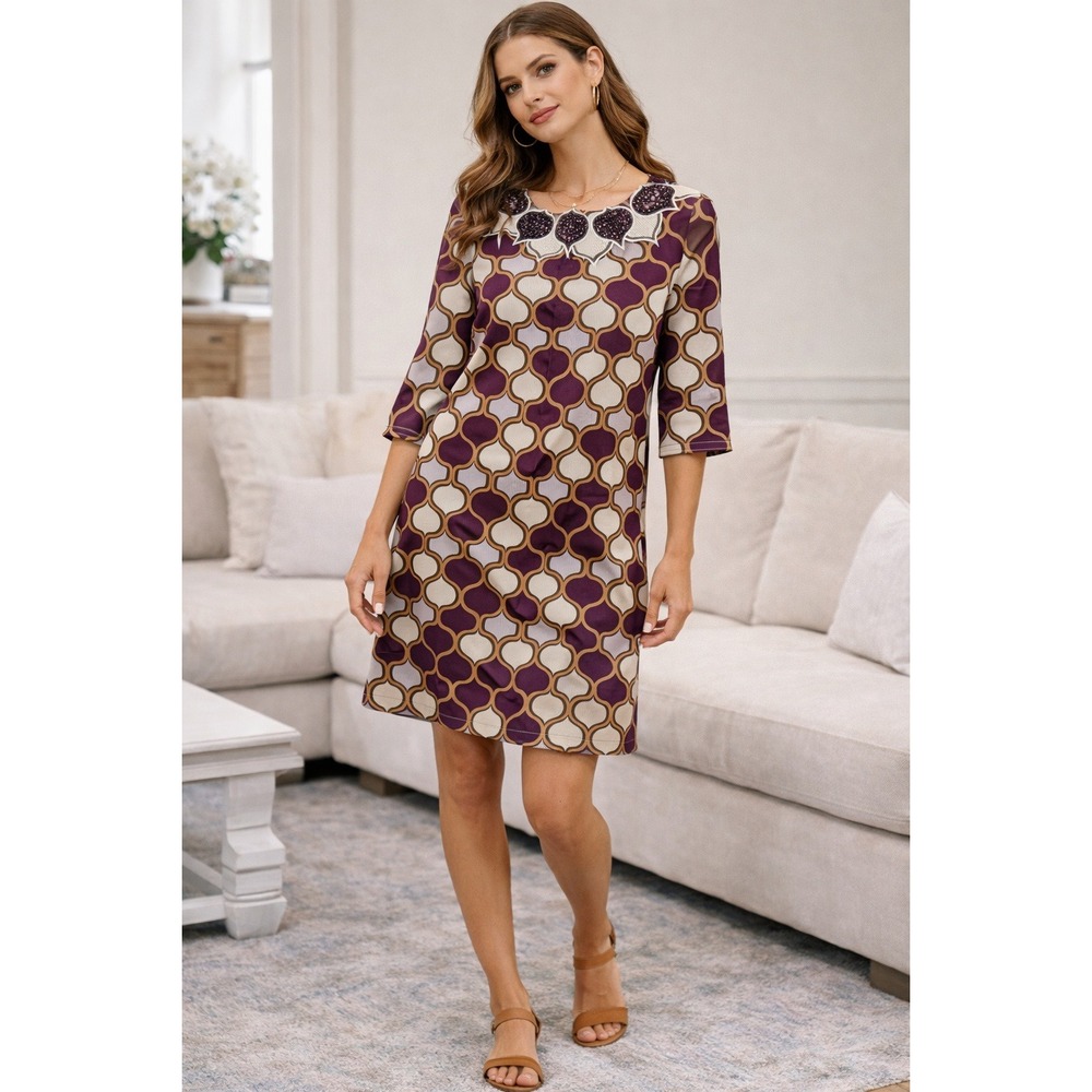 Tory Burch Silk Beaded Neckline Geometric Print Shift Dress Plum Tan Size 2
